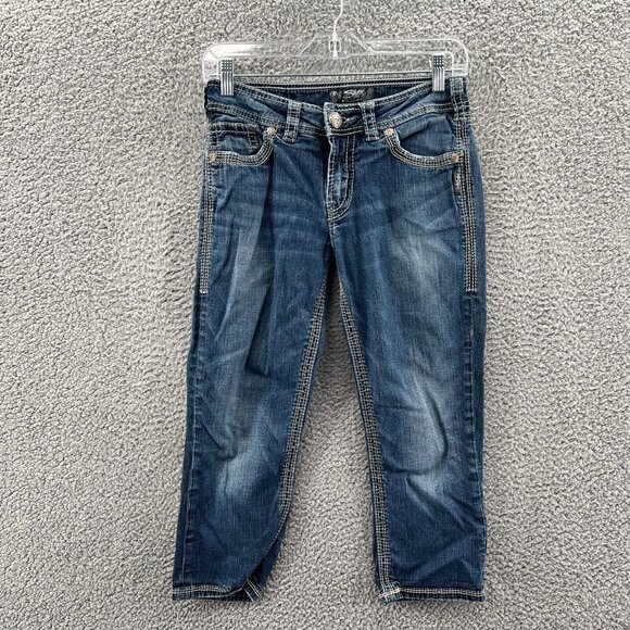 Silver Suki Surplus Capri Jeans Womens 26 Blue Stretch Denim Heavy Stitching - Picture 1 of 11